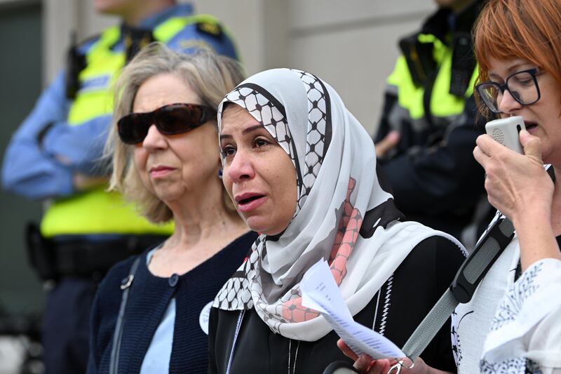 Ibtisam Abuhassira, who has called on the Irish Government to evacuate her son and husband from Gaza, at the protest in Dublin. Photograph: Bryan Meade