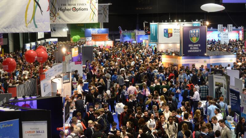 Some 25,000 students will attend the The Irish Times Higher Options expo at the RDS over the course of the 3-day event. Photograph:  Dara Mac Dónaill