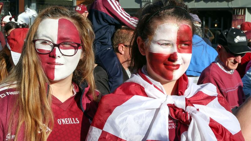Galway supporters on Mainguard Street. Photograph: Joe O’Shaughnessy