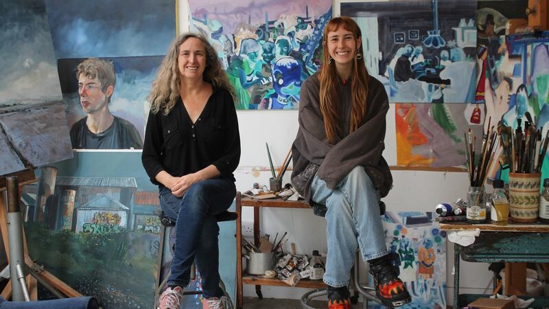 Una and Eileen Sealy in their studio shed.