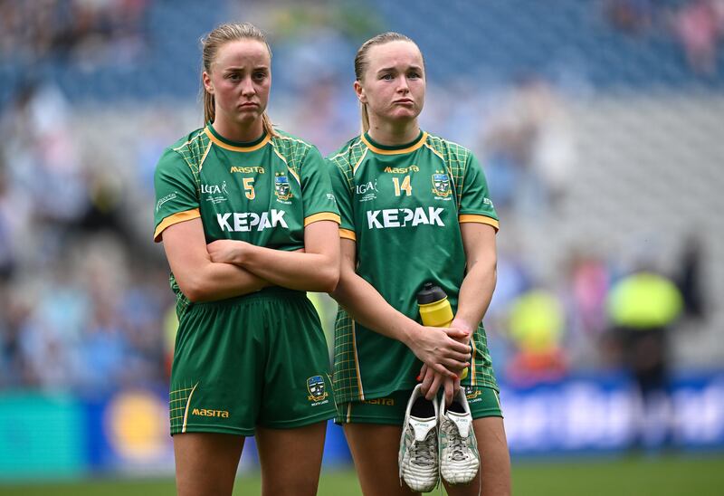 Meath players Aoibhín Cleary and Vikki Wall after their side's defeat in the TG4 All-Ireland Ladies SFC final. Photograph: Seb Daly/Sportsfile