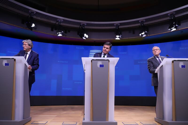 Paolo Gentiloni, economy commissioner of the European Union, with Paschal Donohoe and Klaus Regling, managing director of the European Stability Mechanism, in Brussels in July. Photograph: Valeria Mongelli/Bloomberg