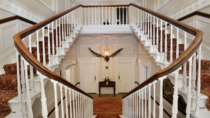 The sweeping staircase at the headmaster’s house at the King’s Hospital, in Palmerstown