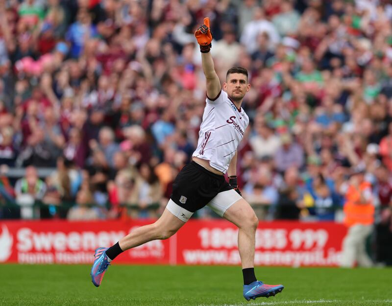 Galway’s goalkeeper Connor Gleeson celebrates kicking the winning point against Mayo in Pearse Stadium. Photograph: James Crombie/Inpho
