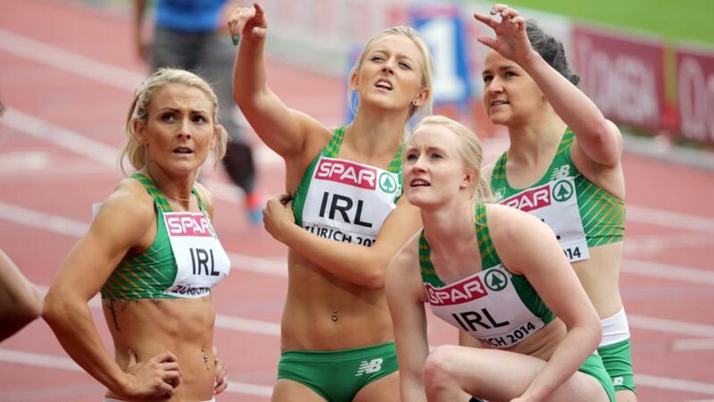 Ireland’s Kelly Proper, Sarah Lavin, Amy Foster and Phil Healy after setting a new national record in the 4x100m relay. Photograph: Morgan Treacy / Inpho