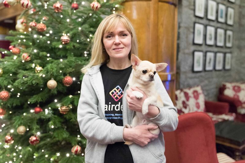 Olha Minina and her dog "Taco" at the Hydro Hotel, Lisdoonvarna, Co Clare. Photograph by Eamon Ward