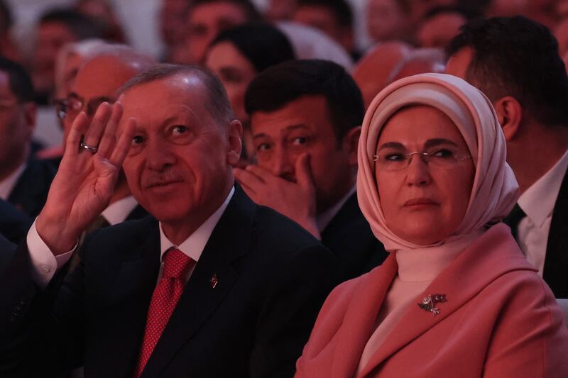 Turkish president Recep Tayyip Erdogan and his wife Emine Erdogan during the unveiling of the AKP's election manifesto in Ankara, Turkey. Photograph: Adem Altan/AFP/Getty Images