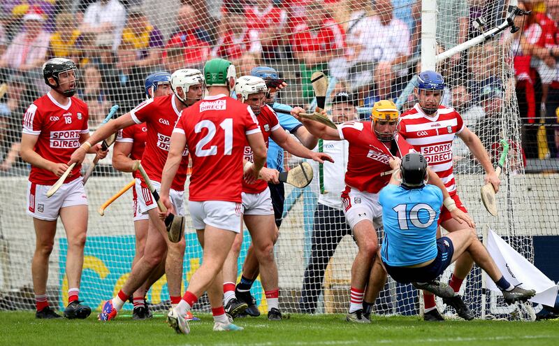 Dublin’s Danny Sutcliffe and Declan Dalton of an unconvincing Cork during the All-Ireland hurling quarter-final at Semple Stadium on Saturday. Cork emerged victorious from the fixture. Photograph: Ryan Byrne/Inpho