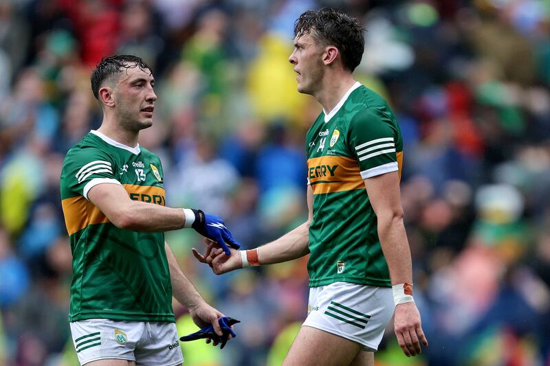 Kerry's Paudie Clifford consoles a dejected David Clifford after the final whistle at Croke Park following the defeat to Dublin. Photograph: Laszlo Geczo/Inpho 
