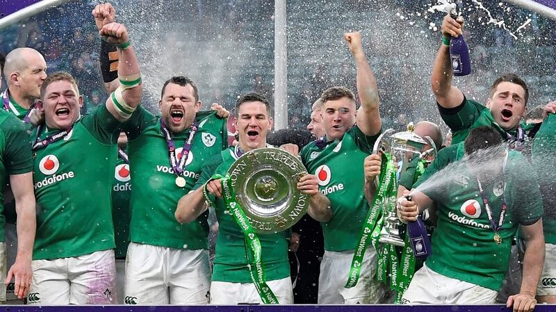 Johnny Sexton and team-mates celebrates with the Triple Crown trophy at the end of the England vs Ireland match at Twickenham on March 17th. Photograph: Toby Melville/Reuters