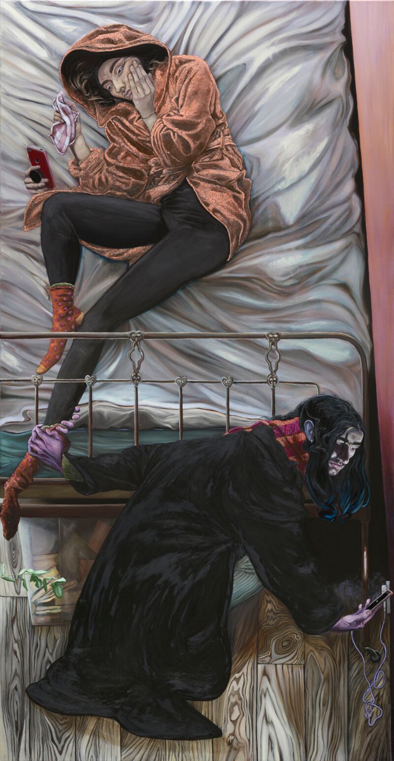 Salvatore of Lucan (b.1994), Lucy with 3 hands and me Holding onto her Leg, 2019, Oil on canvas, 250 x 130 cm.  Photograph: National Gallery of Ireland/Roy Hewson.