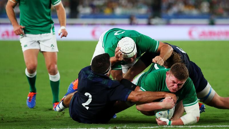 Tadhg Furlong scores Ireland’s third try against Scotland. Photograph: Cameron Spencer/Getty