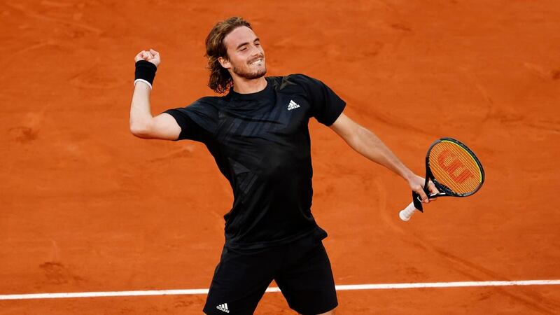 Stefanos Tsitsipas  celebrates after winning match point during his  quarter-final  against Andrey Rublev at the French Open. Photograph:  Clive Brunskill/Getty Images