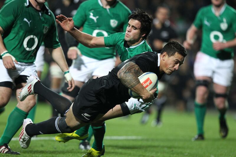 Sonny Bill Williams scores his second try during New Zealand's 60-0 win over Ireland in the third Test in Hamilton in 2012. Photograph: Billy Stickland/Inpho