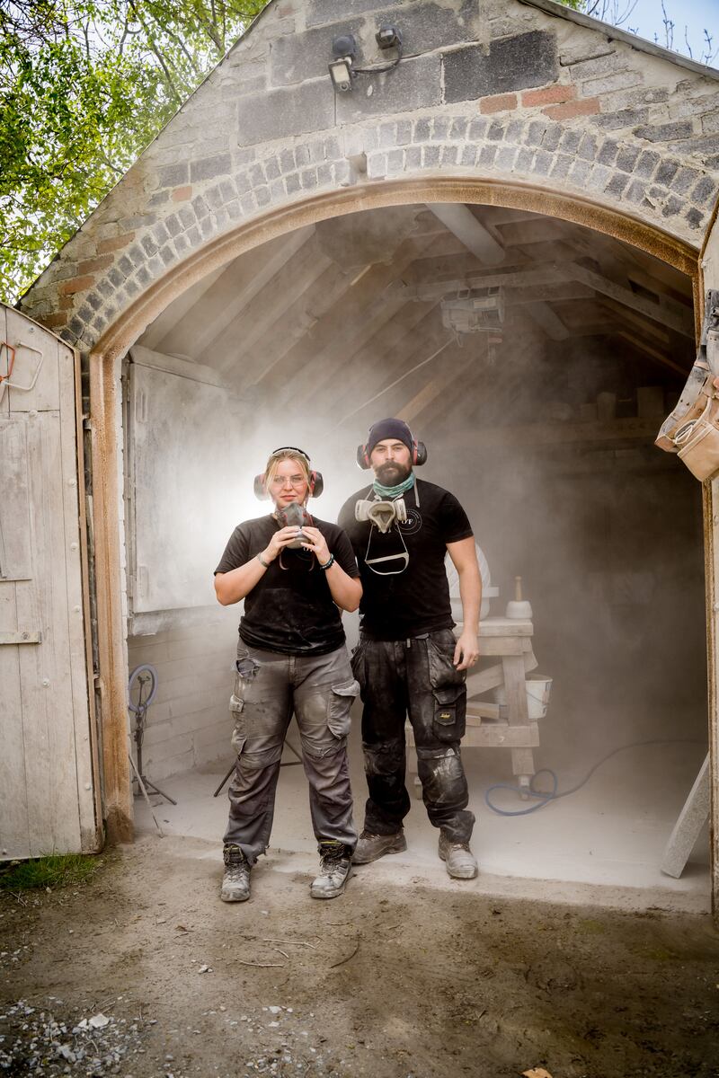 Siblings Petra and Killian O’Flaherty – eighth-generation stonemasons – geared up for a day at the office, a workspace in their native Ballyknockan. Photograph: Marcin Onysko/MM Photography