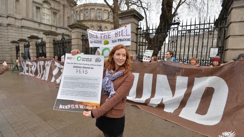 Kate Ruddock from Friends of the Earth with colleagues from Love Leitrim and Trinity Divest Fossil Fuels at an anti Fracking protest outside the Dáil. Photograph: Alan Betson/The Irish Times