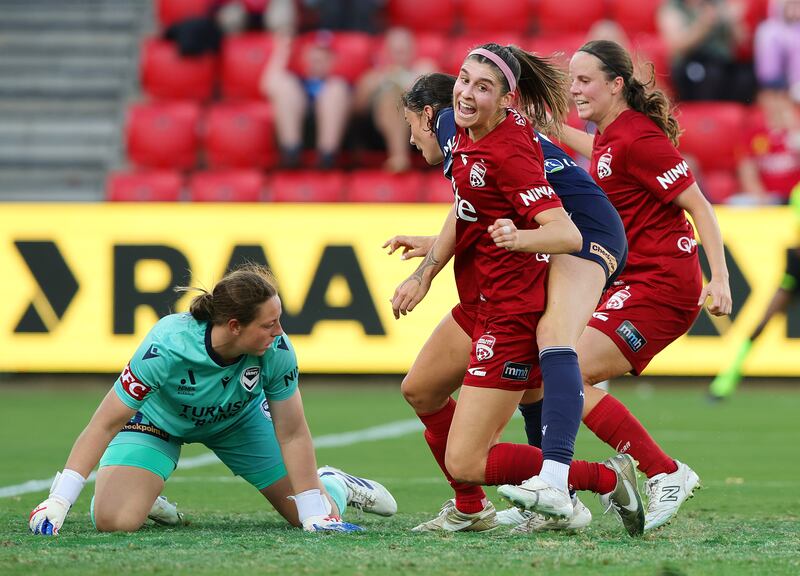 Erin Healy scores Adelaide United's  equaliser  during the first leg of the A-League Women's semi-final against Melbourne Victory at Coopers Stadium in Adelaide. Photograph: Sarah Reed/Getty Images