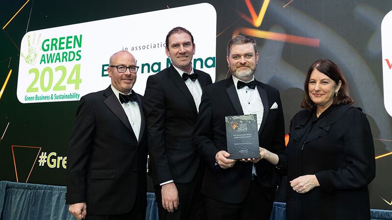 Orlaith Blaney, communications and corporate affairs director at Uisce Eireann, presents the sustainable water achievement award to Wyeth team