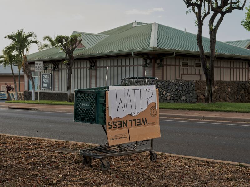 A sign for a makeshift water supply for residents in Lahaina. Photograph: Philip Cheung/New York Times