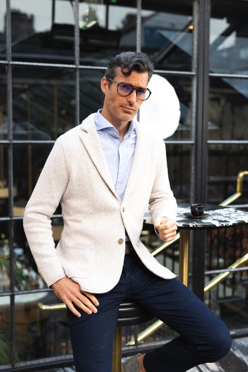 Maurizio Baldassari beige swacket, €795; Eton plain shirt in pale blue, €169; jeans, €399. From Louis Copeland