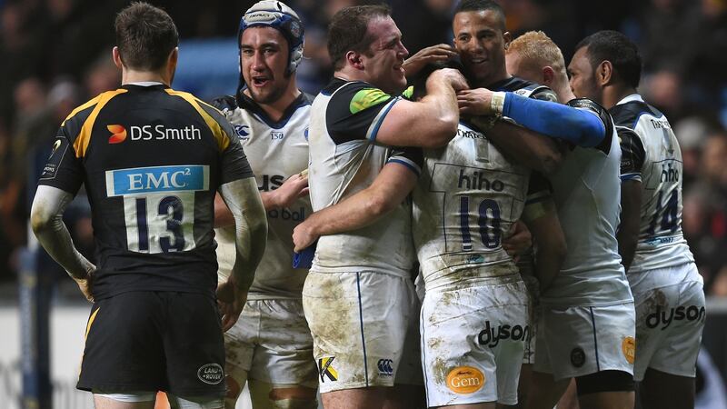 George Ford  is congratulated by his Bath team-mates after landing a late converasion to secure victory over Wasps in their Champions Cup clash  at the Ricoh Arena. Photograph:   Joe Giddens/PA