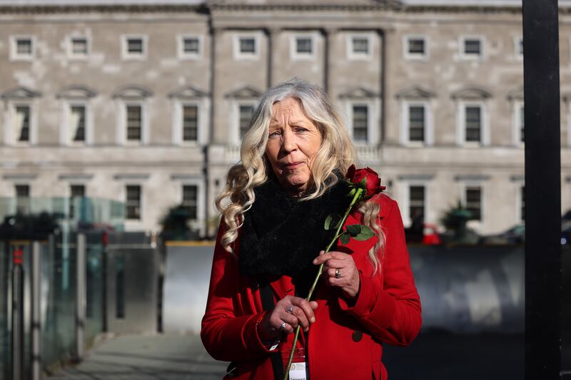 Antoinette Keegan leaving the Dáil, following Taoiseach Simon Harris's formal State apology to the families and victims of the Stardust fire. Ms Keegan lost her sisters Mary (19) and Martina (16) in the inferno. Photograph: Dara Mac Dónaill