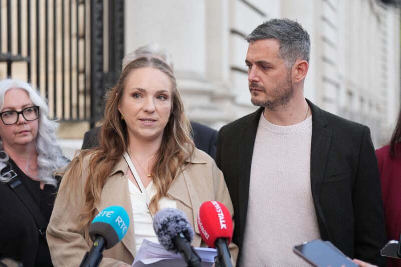 Gillian Sherratt and Stephen Morrison, parents of Harvey, speaking to the media following their meeting with Tánaiste Simon Harris and Minister for Health Jennifer Carroll MacNeill in September. Photograph: Niall Carson/ PA Wire  