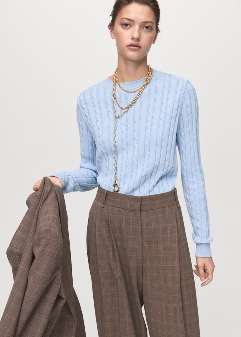 Blue jumper, €39.99, checked jacket, €79.99, with matching trousers, €49, from Mango