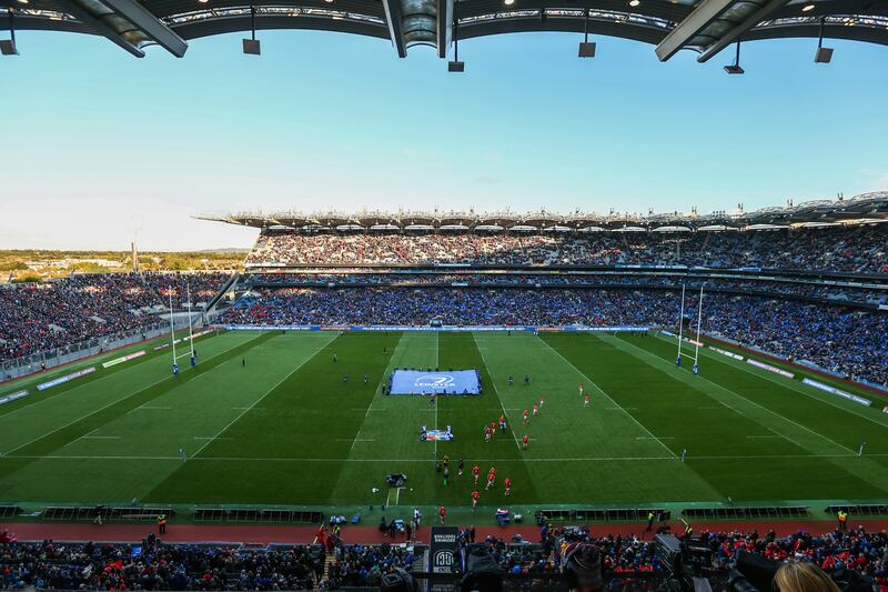 Munster make their way to the pitch ahead of a game against Leinster at Croke Park on October 12th, 2024. The slightly embarrassing fact for the GAA is that the Leinster rugby team had more full houses at Croke Park last year than any football county. Photograph: Tom Maher/Inpho
