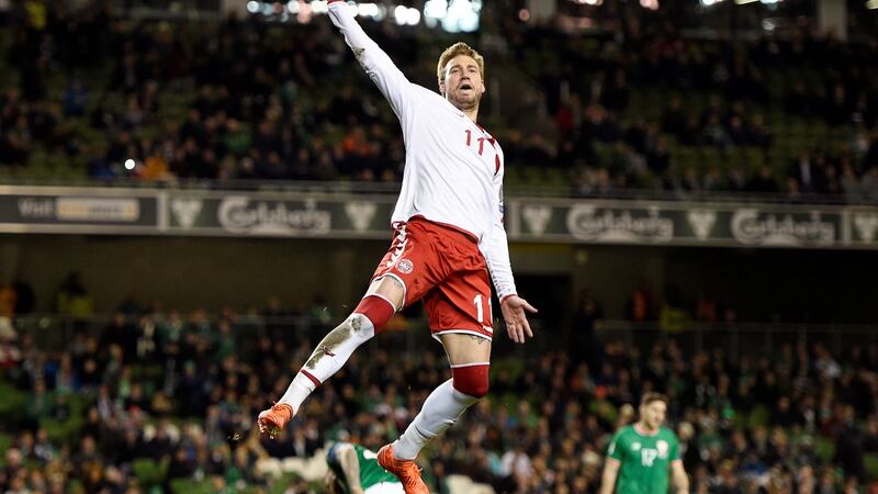Denmark’s Nicklas Bendtner celebrates scoring their fifth goal from the penalty spot. Photograph: Clodagh Kilcoyne/Reuters