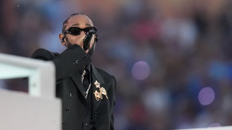 Kendrick Lamar performs during the 2022 Super Bowl halftime show in Inglewood, Calif. Feb. 13, 2022. (AJ Mast/The New York Times)