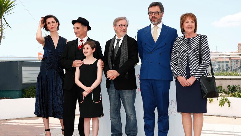 From L-R: Rebecca Hall,  Mark Rylance, Ruby Barnhill,  Steven Spielberg,  Jemaine Clement and  Penelope Wilton pose during the photocall for The BFG at the 69th annual Cannes Film Festival on Saturday. Photograph: Ian Langsdon/EPA