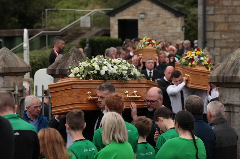 The coffins of shooting victims Vanessa Whyte and her children Sara and James Rutledge. Photograph: Liam McBurney/PA Wire
