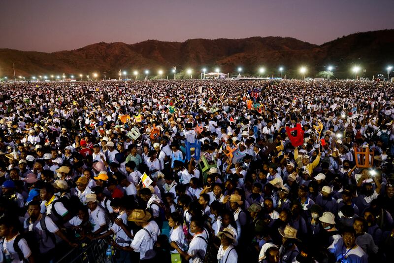 Crowds gather for Mass at the Esplanade of Tasitolu in Dili, East Timor on Tuesday. Photograph: Willy Kurniawan/AFP via Getty