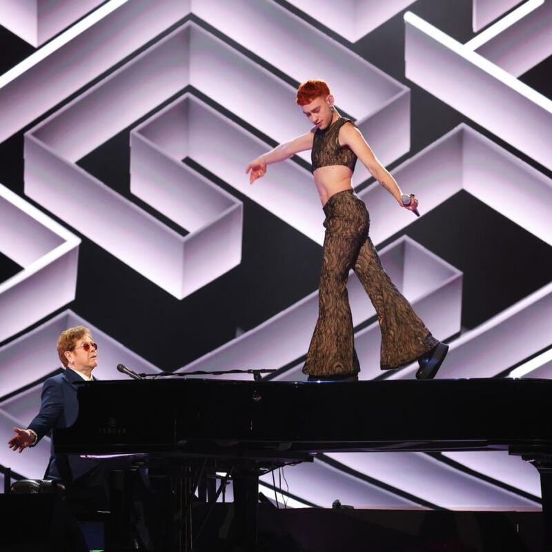 Olly Alexander of Years & Years and  Elton John perform at the Brit Awards 2021 at the O2 Arena, London. Photograph: John Marshall/PA Wire