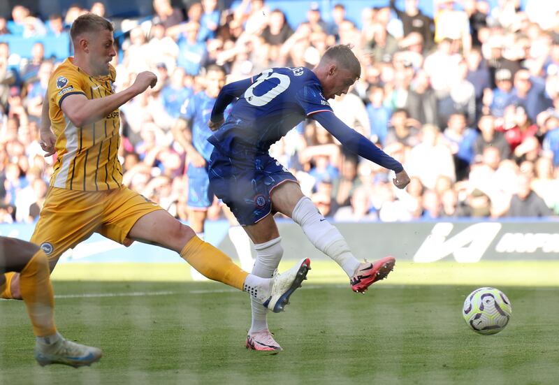 Chelsea's Cole Palmer scores his fourth goal during the Premier League match against Brighton at Stamford Bridge. Photograph: Richard Heathcote/Getty Images