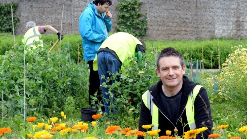 Ciarán Burke working with others in the walled garden in Marley Park. Photograph: Cyril Byrne