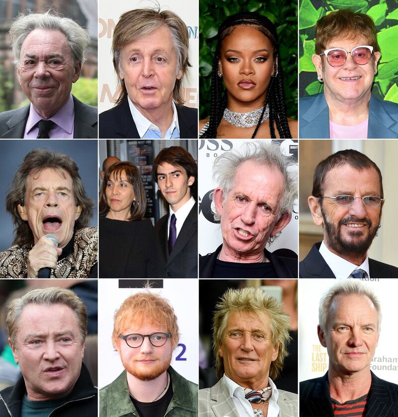 Top row (from left): Andrew Lloyd Webber, Paul McCartney, Rihanna and Elton John. Middle row: Mick Jagger, Olivia and Dhani Harrison, Keith Richards and Ringo Starr. Bottom row: Michael Flatley, Ed Sheeran, Rod Stewart and Sting. Photograph: PA