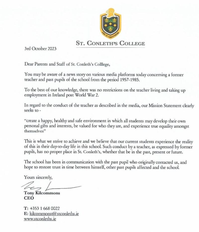 In a letter to parents and staff, chief executive Tony Kilcommons said the school broke no laws in employing former SS officer Louis Feutren