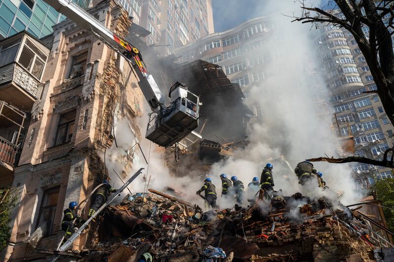 The scene in Kyiv on Tuesday after further drone attacks. Photograph: Roman Hrytsyna/AP