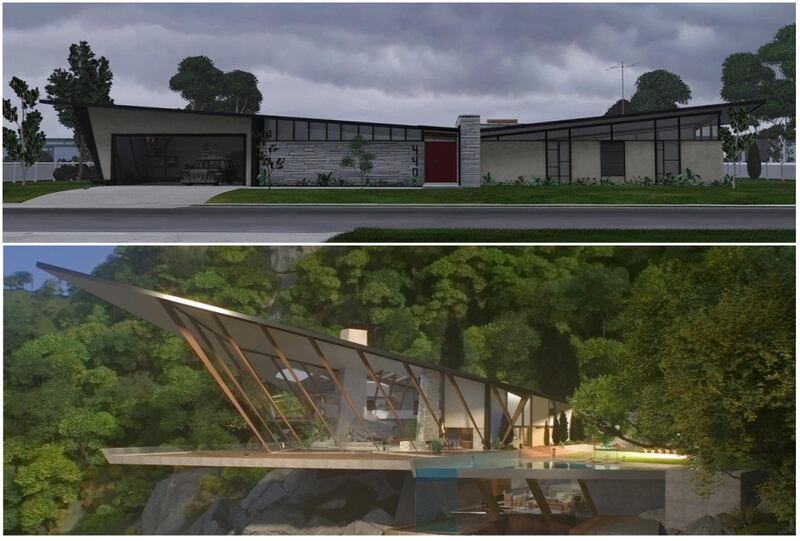 Then: The Parrs lived in a suburban spread that didn’t stand out (top). Now:  they get to stay in a midcentury-modern mansion. Photograph: Disney/Pixar