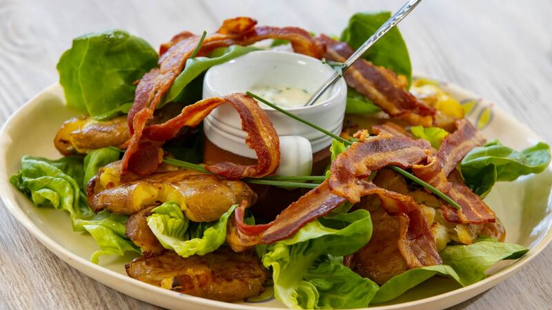 Jerk potatoes, butterhead lettuce, crispy bacon, sour cream and chives. Photograph: Patrick Browne