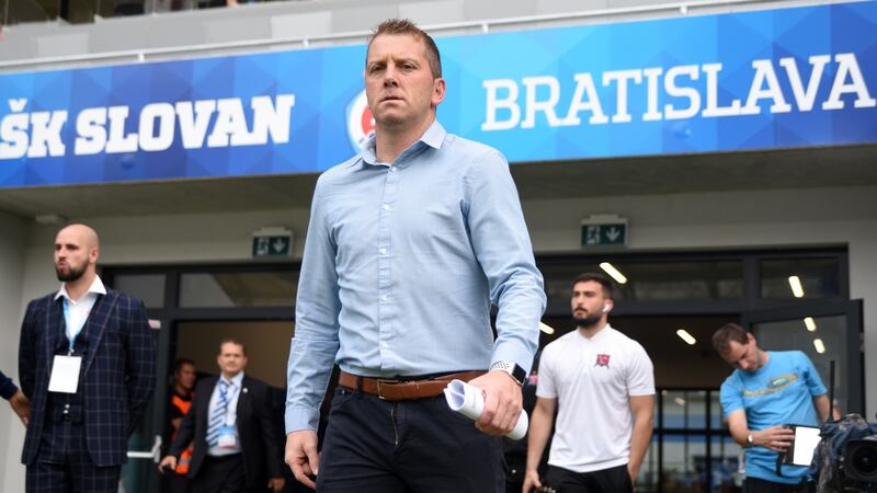 Dundalk head coach Vinny Perth at  Tehelné Pole stadium in Bratislava last Wednesday. Photograph: Ciaran Culligan/Inpho
