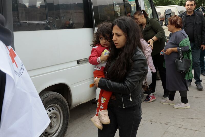 Ethnic Armenians from Nagorno-Karabakh arrive in Goris, Armenia. Photograph: Vasily Krestyaninov/AP