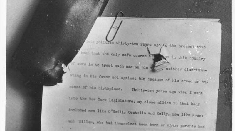 Theodore Roosevelt’s 70-page speech and glasses case that show bullet marks from when he was shot in 1912