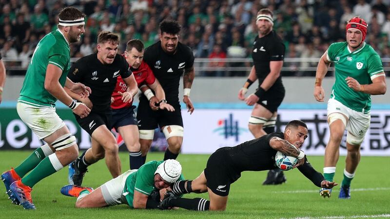 Aaron Smith of New Zealand scores his side’s first try. Photograph: Hannah Peters/Getty Images