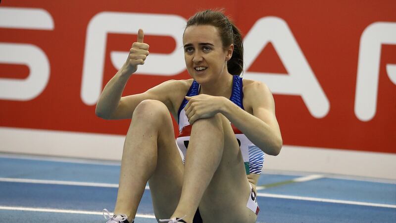 Scotland’s Laura Muir celebrates after setting a new British indoor record, winning the women’s one mile with a time of 4:18.75 – while   wearing a pair of Nike prototype track spikes built on the same foam and carbon-fibre plate in that of Vaporflys. Photograph: Getty Images