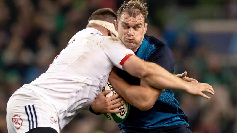 Ireland skipper  Rhys Ruddock ia tackled by  Paul Mullen of the USA. during the autumn international against the USA at the Aviva stadium. Photograph: Morgan Treacy/Inpho