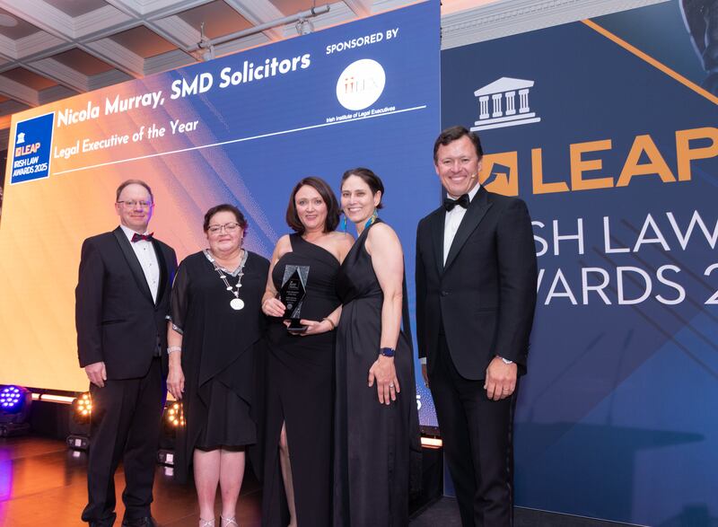 Richard Hammond, solicitor and partner at Hammond Good LLP and chair of the judging panel of the Leap Irish Law Awards; Deirdre Butler, vice-president of the Irish Institute of Legal Executives; Susan Doyle, solicitor at SMD Solicitors; Dia Silverstein, principal at Dia Silverstein Solicitors; and Anton Savage, MC of the night. Photograph: Paul Sherwood