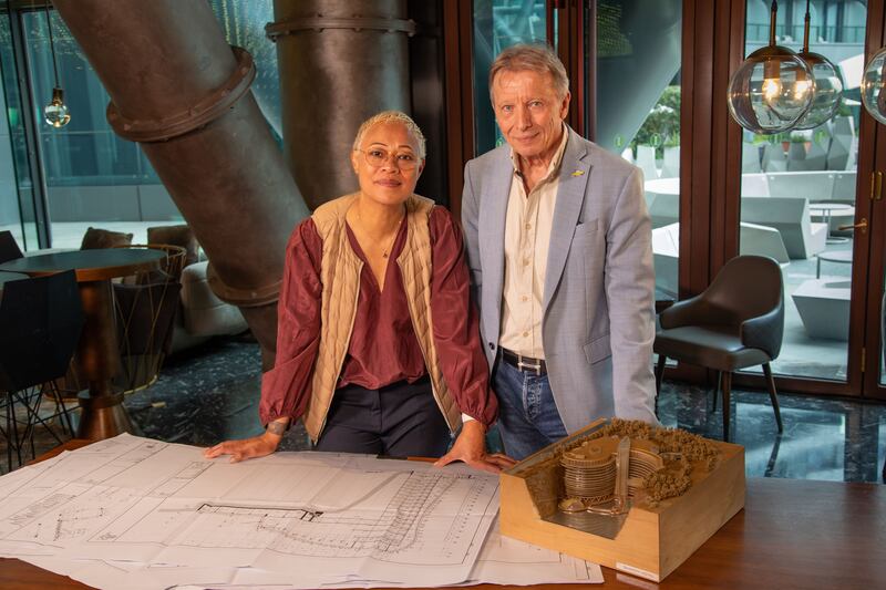 Presenter Monica Galetti and architect Martin Jochman inside the Shanghai Wonderland, China. Photograph: BBC Studios